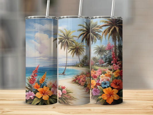 Tropical beach scene with palm trees, flowers, and ocean.