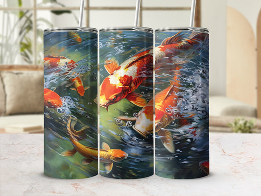 Three tumblers with vibrant koi fish swimming in water.