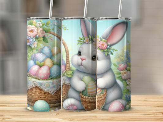 Easter bunny with decorated eggs in a basket and floral accents.