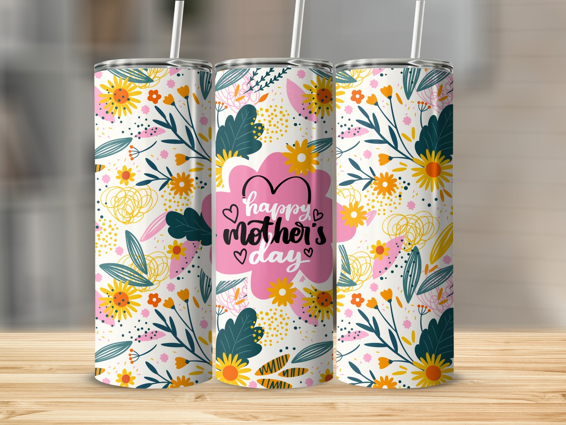Happy Mother's Day Floral Tumbler with Straw Design