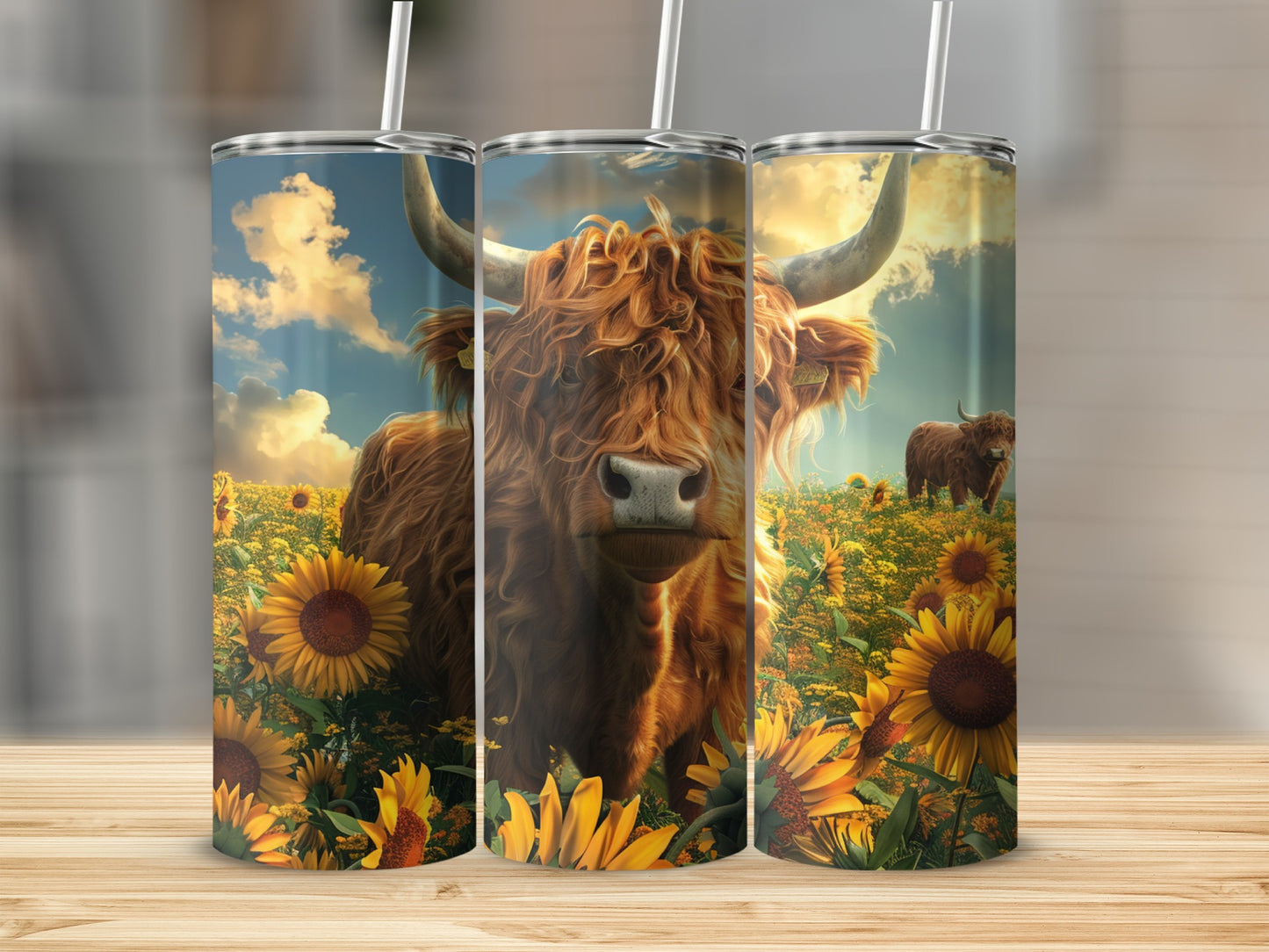 Highland cow in a sunflower field.