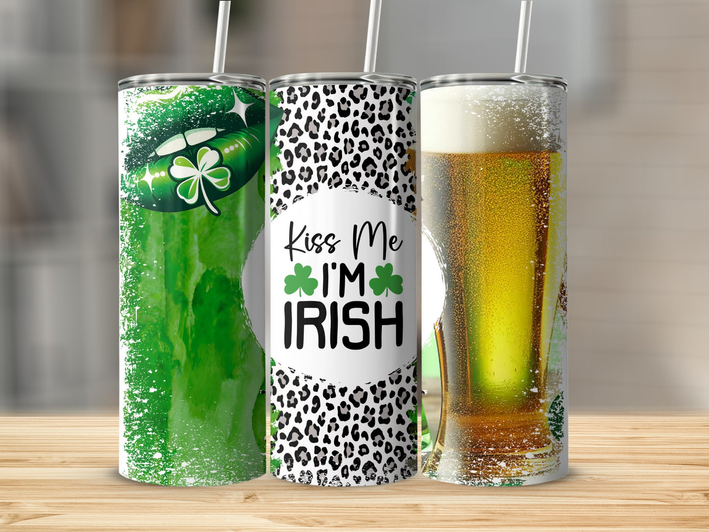 Three tumblers with St. Patrick's Day designs: lips, leopard print, and beer.