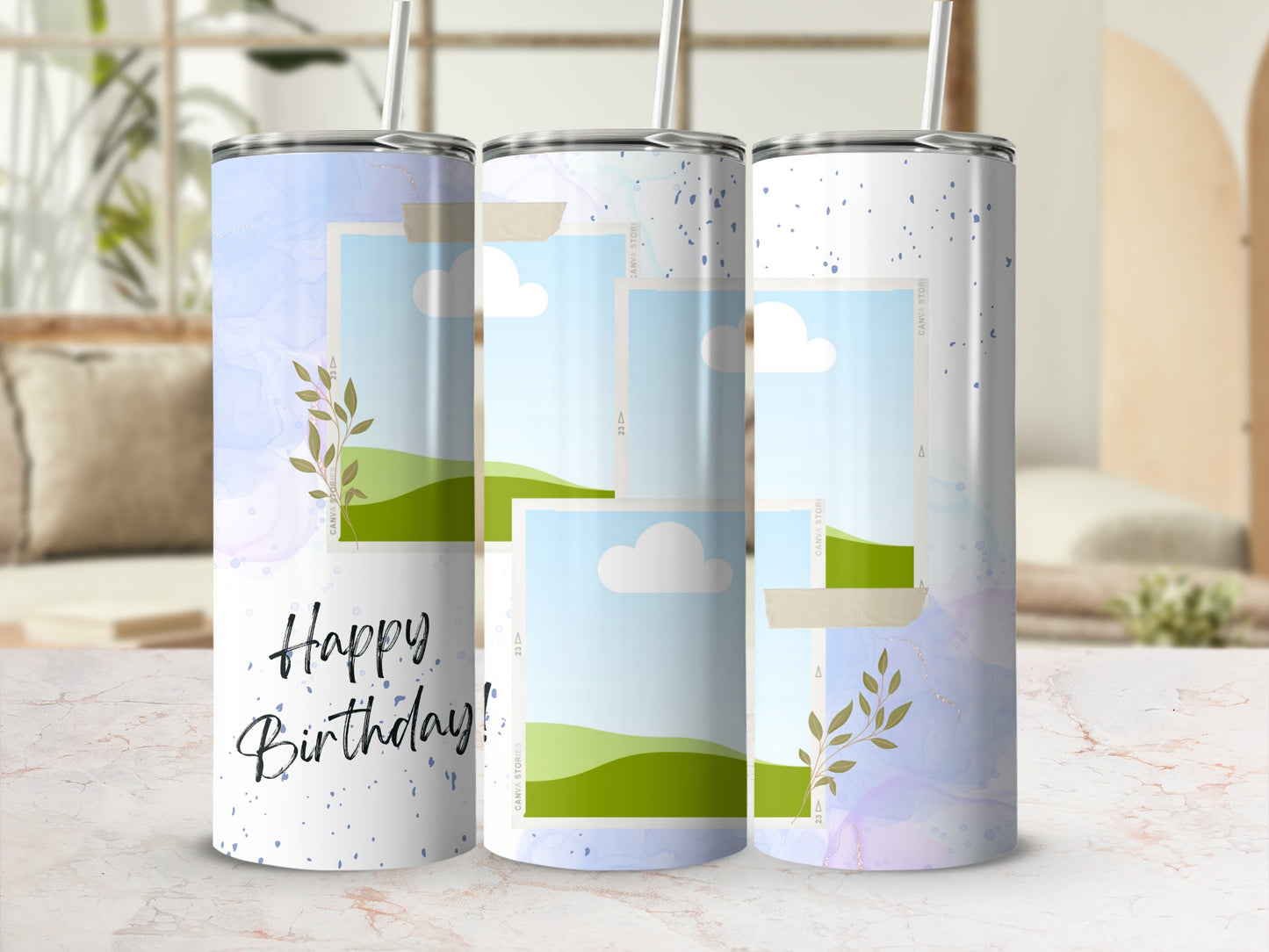 Tumblers with "Happy Birthday!" text and photo frame designs.