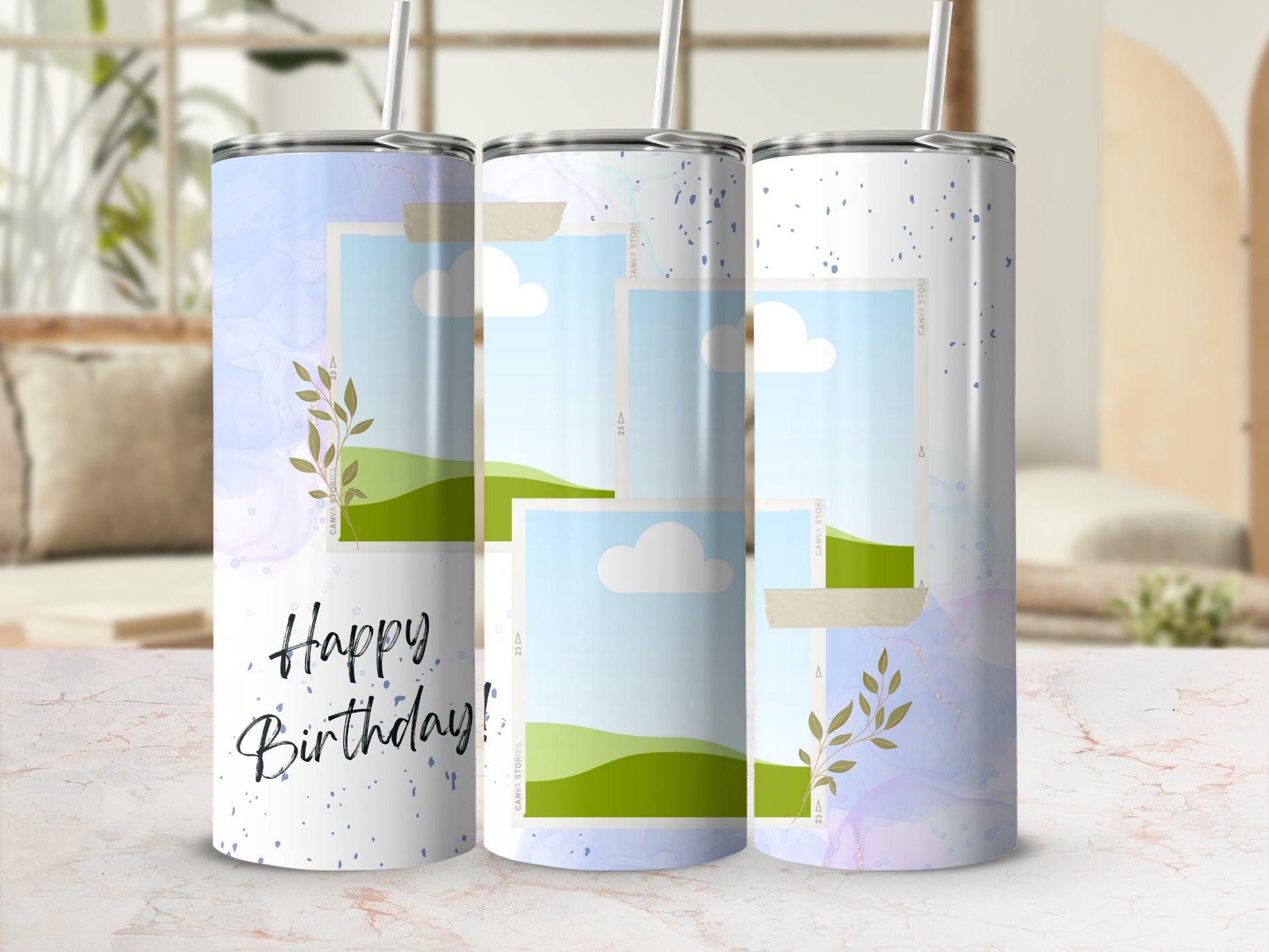 Tumblers with "Happy Birthday!" text and photo frame designs.