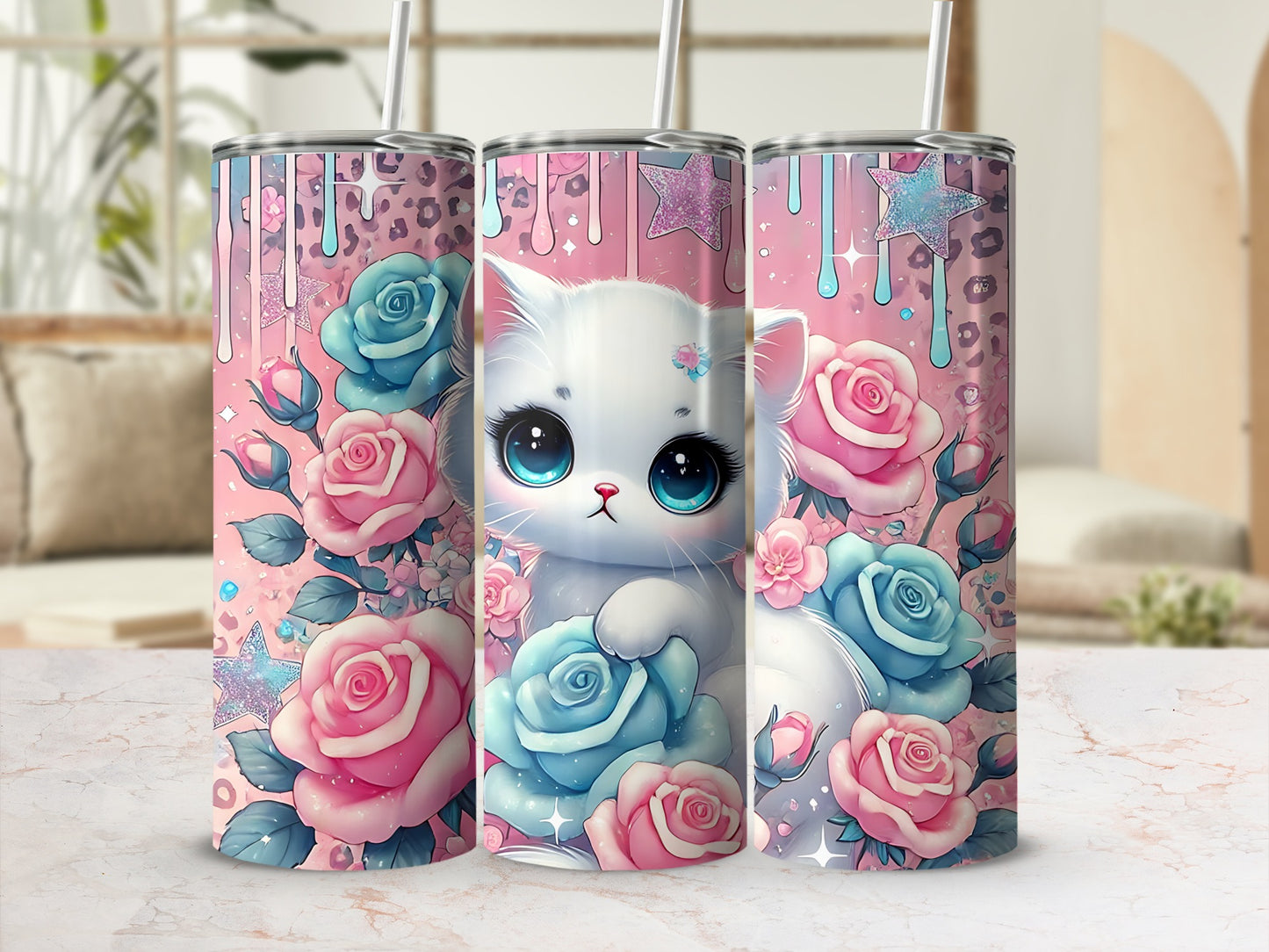 White kitten with large blue eyes surrounded by pink and blue roses and stars.