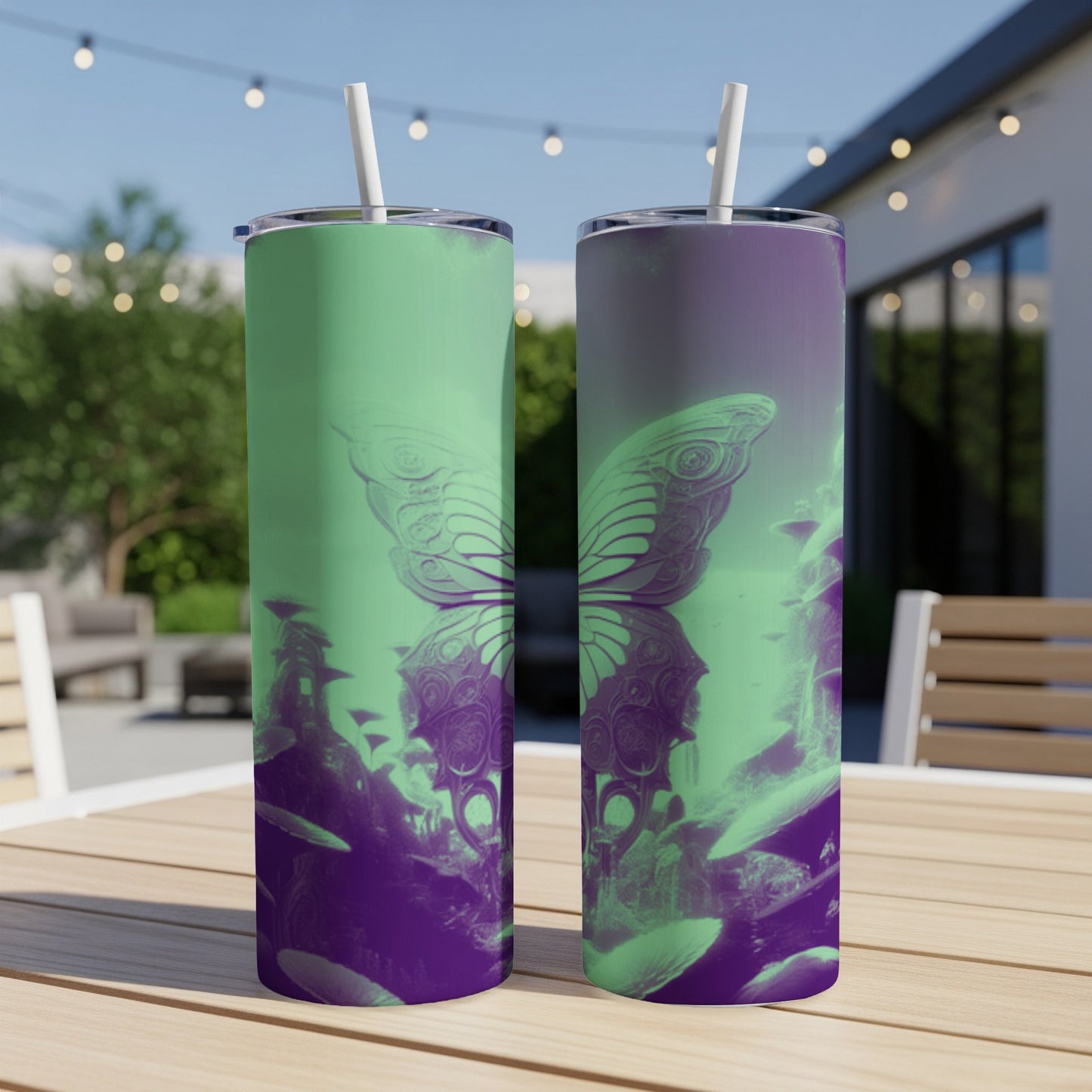 Two tumblers with a vibrant butterfly design, purple and green gradient.