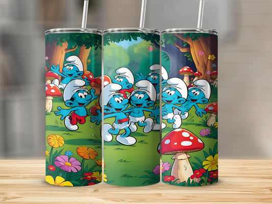 Three Smurfs tumblers featuring Smurfs dancing in a forest with mushrooms.