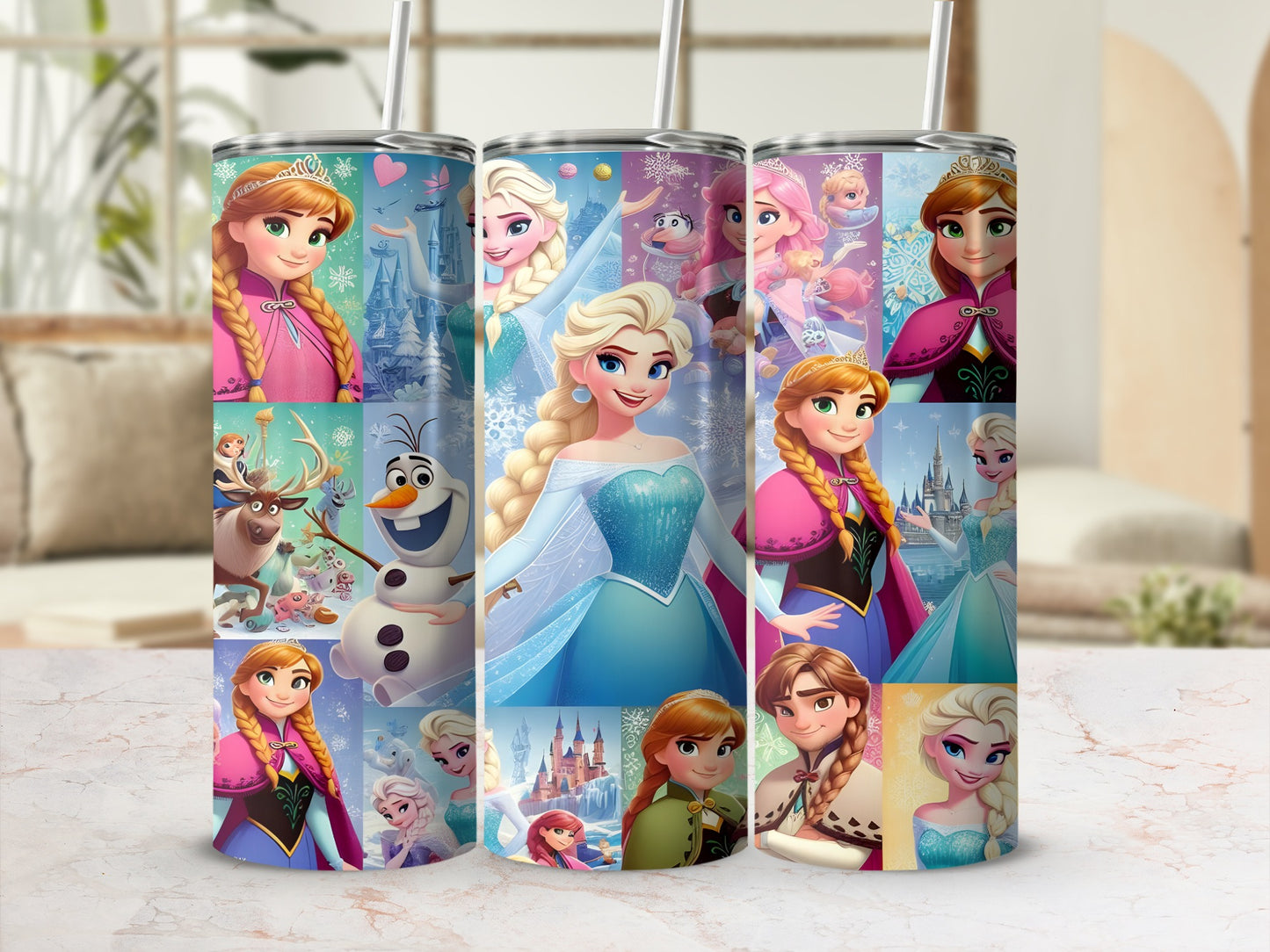 Collage of Elsa and Anna characters from Frozen on three tumblers with lids and straws.
