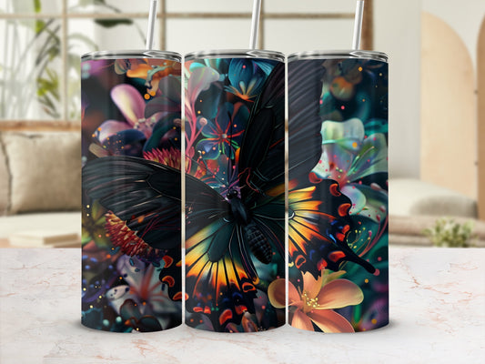 Tumbler with a black butterfly and colorful floral pattern.