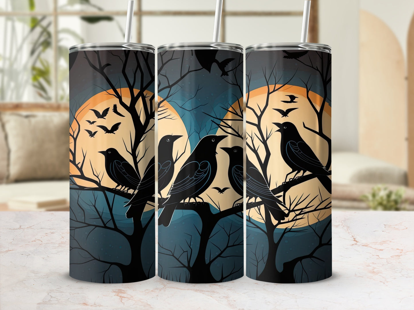 Three tumblers with black ravens perched on bare branches against a moonlit sky.
