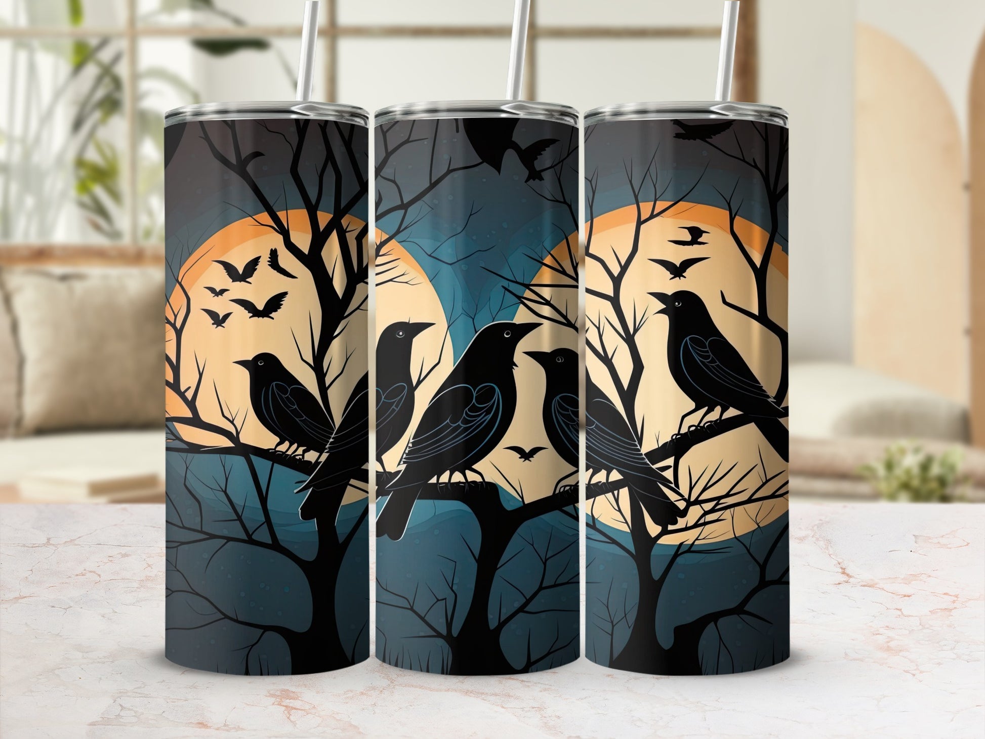 Three tumblers with black ravens perched on bare branches against a moonlit sky.