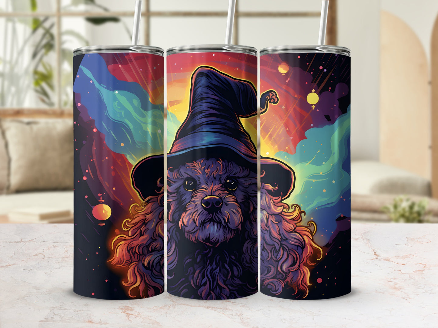 Dog wearing a witch hat on a colorful cosmic background.