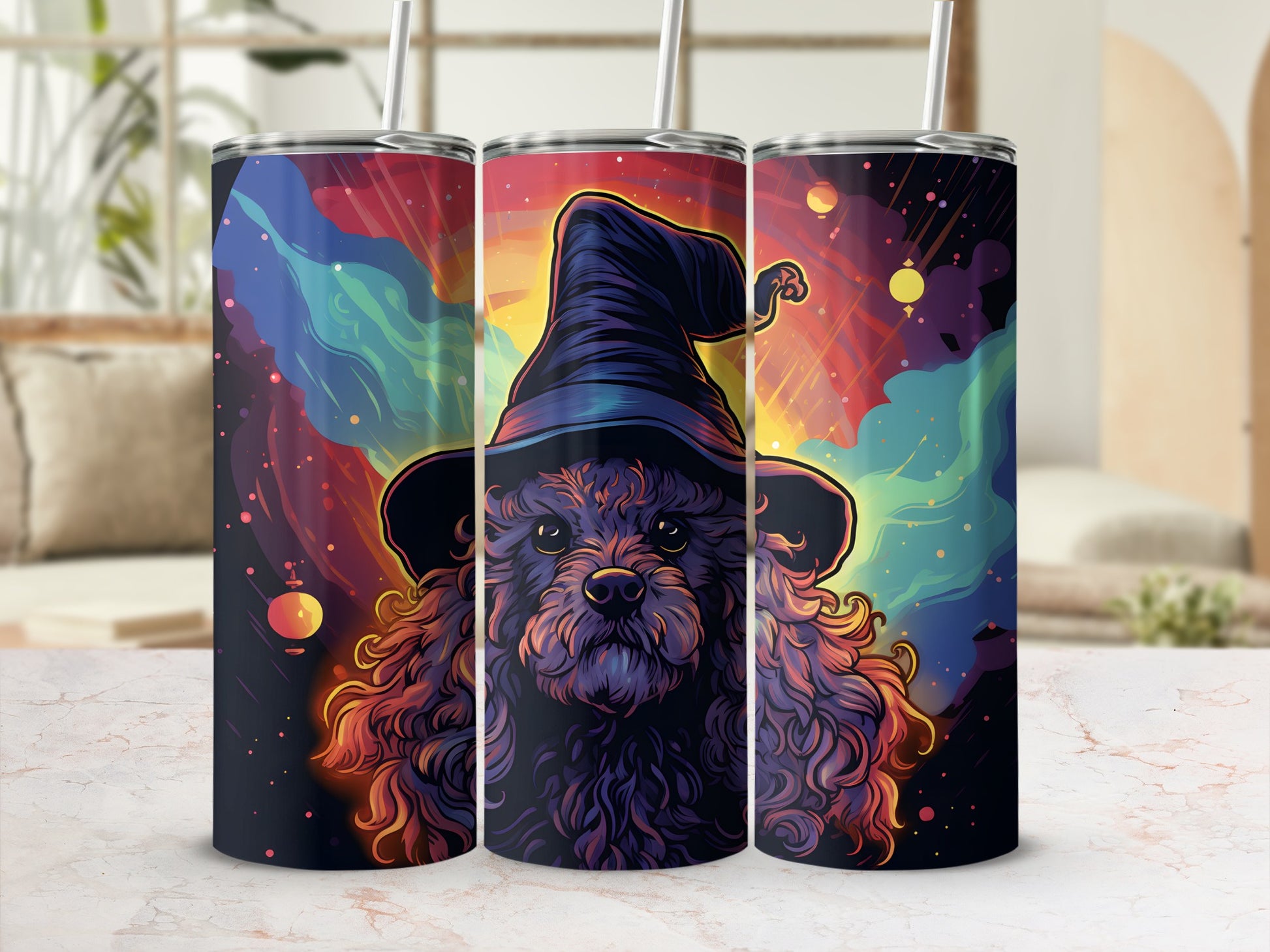 Dog wearing a witch hat on a colorful cosmic background.