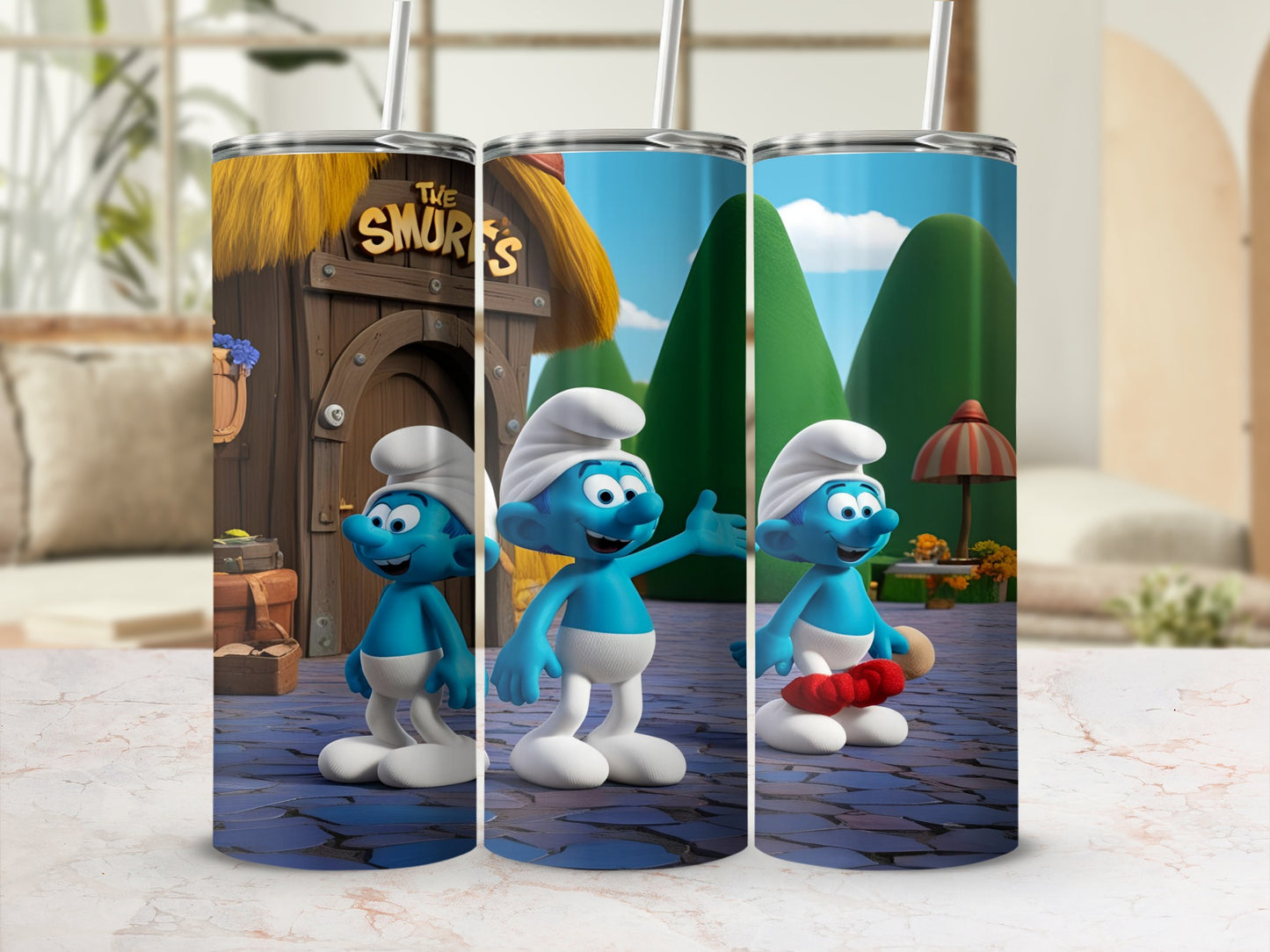 Three Smurfs standing in front of a Smurf house with grass and hills in the background.