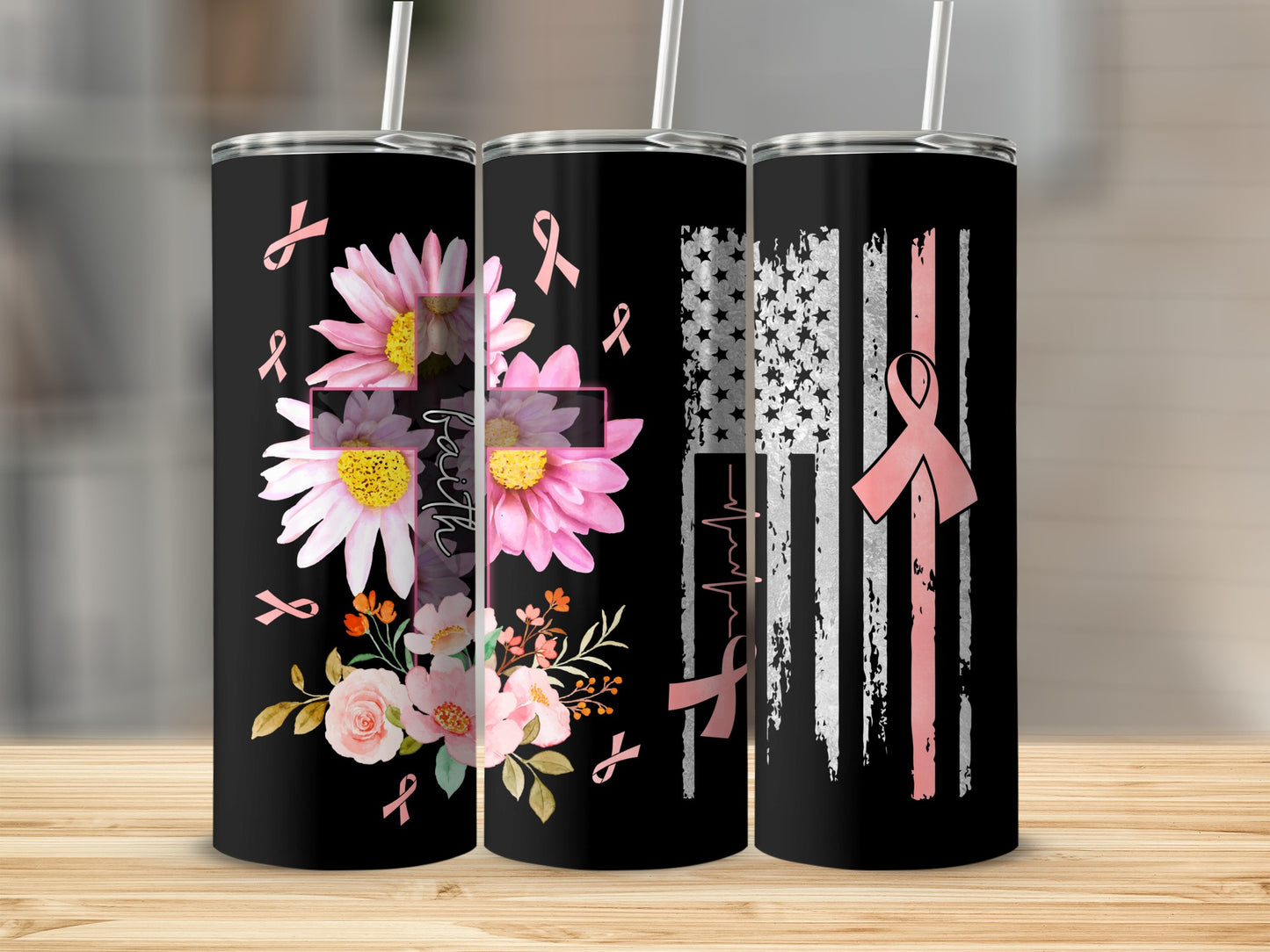 Three black tumblers with patriotic and faith-themed designs, including a cross with flowers.