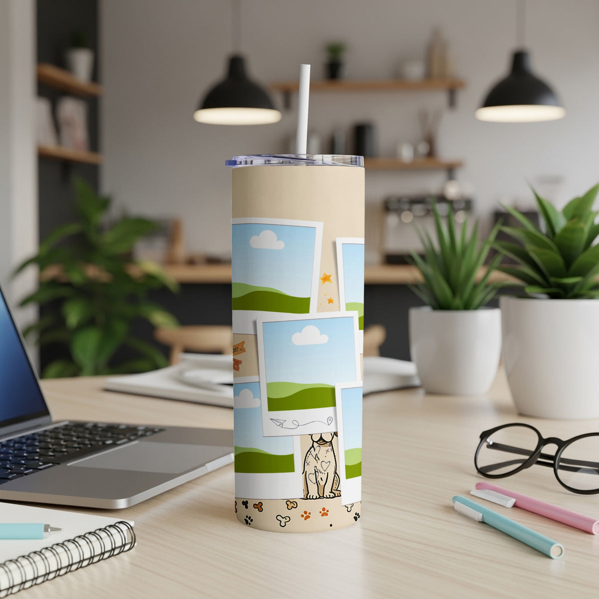 Tumbler with a collage of dog photos and paw prints.