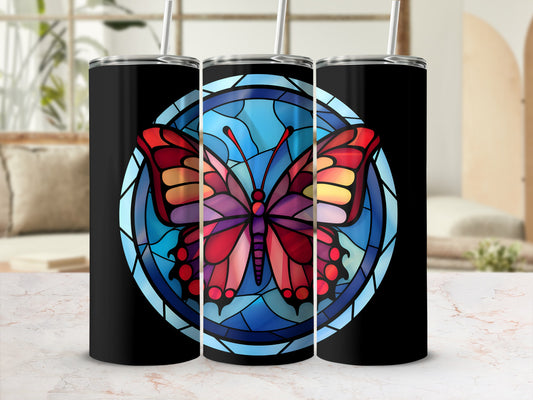 Black tumblers featuring a colorful stained glass butterfly design.