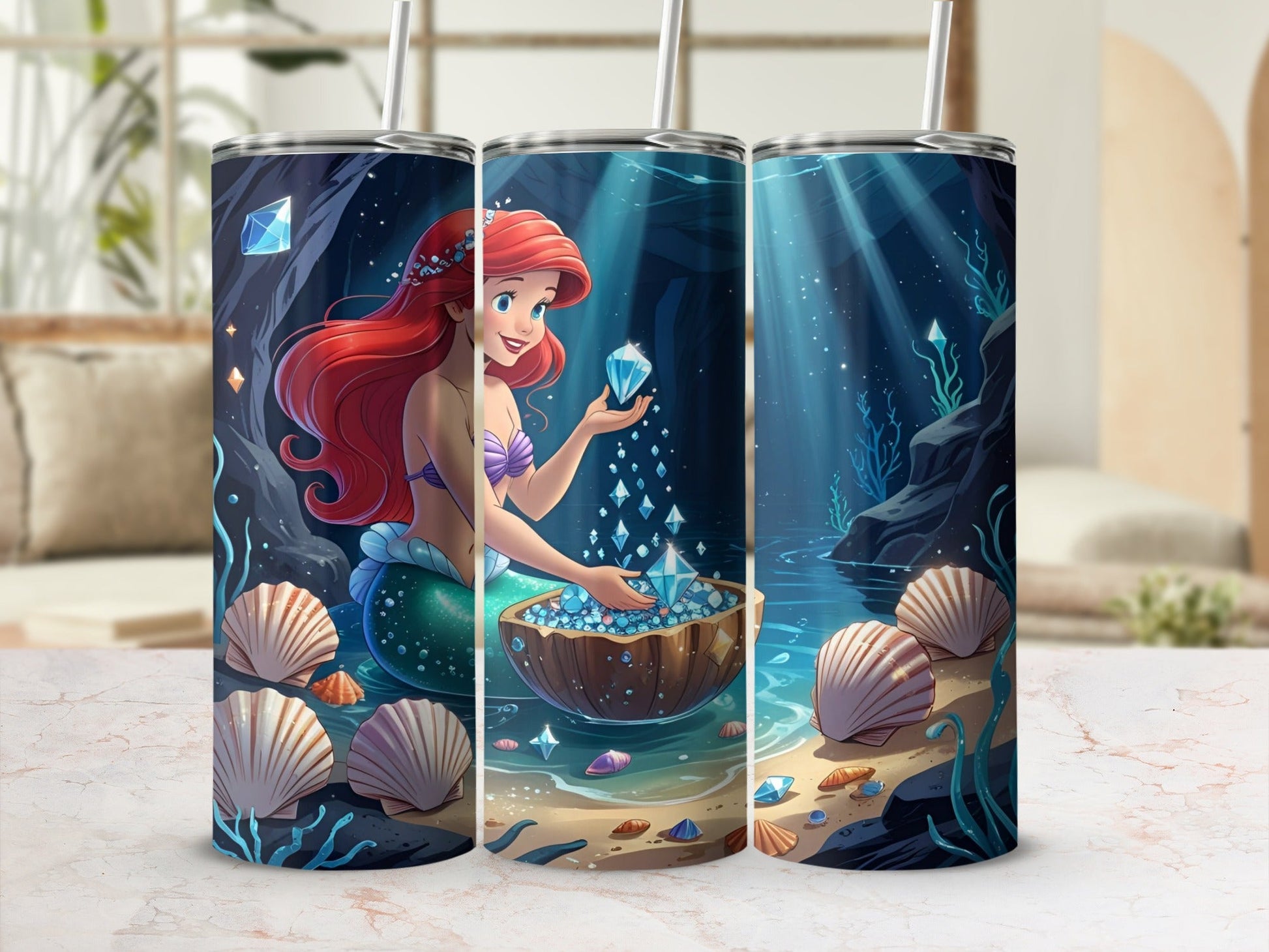 Ariel from The Little Mermaid sitting in a treasure chest filled with jewels.