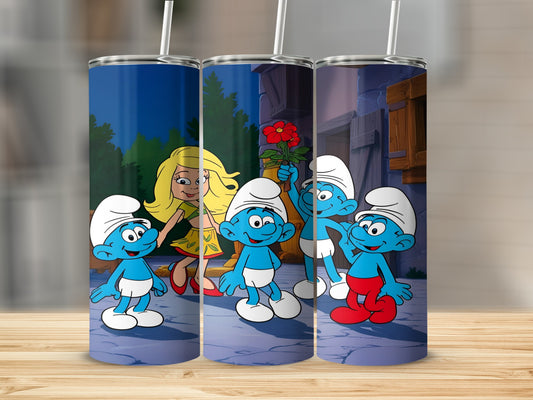 The Smurfs and a blonde girl stand together, holding a red rose.