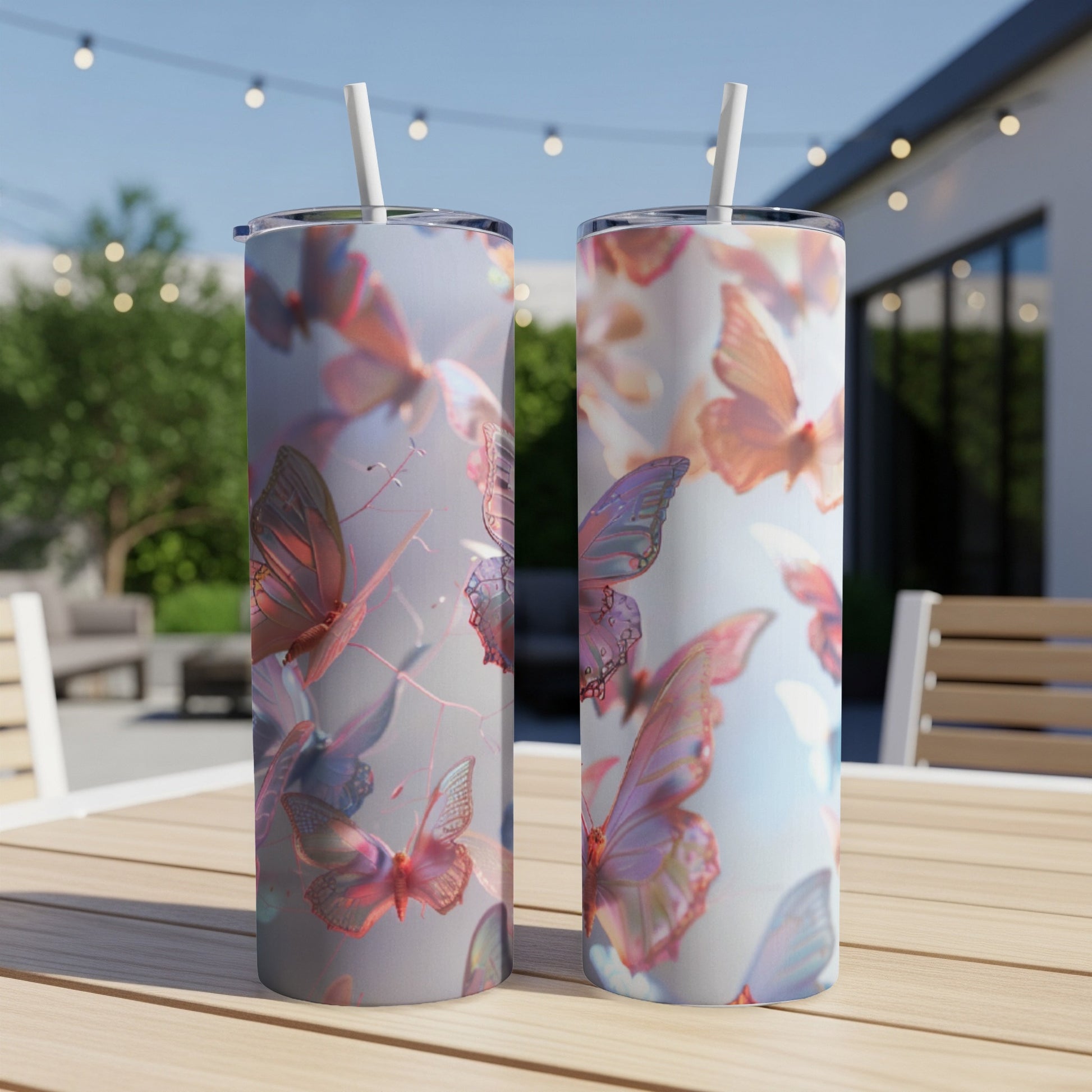 Two tall tumblers with a translucent butterfly pattern sit on a table outdoors.