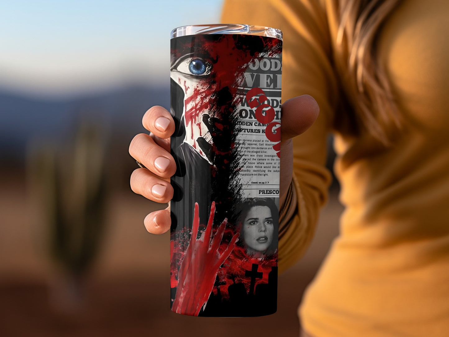 Horror Themed Tumbler with Eye and Red Hand Design