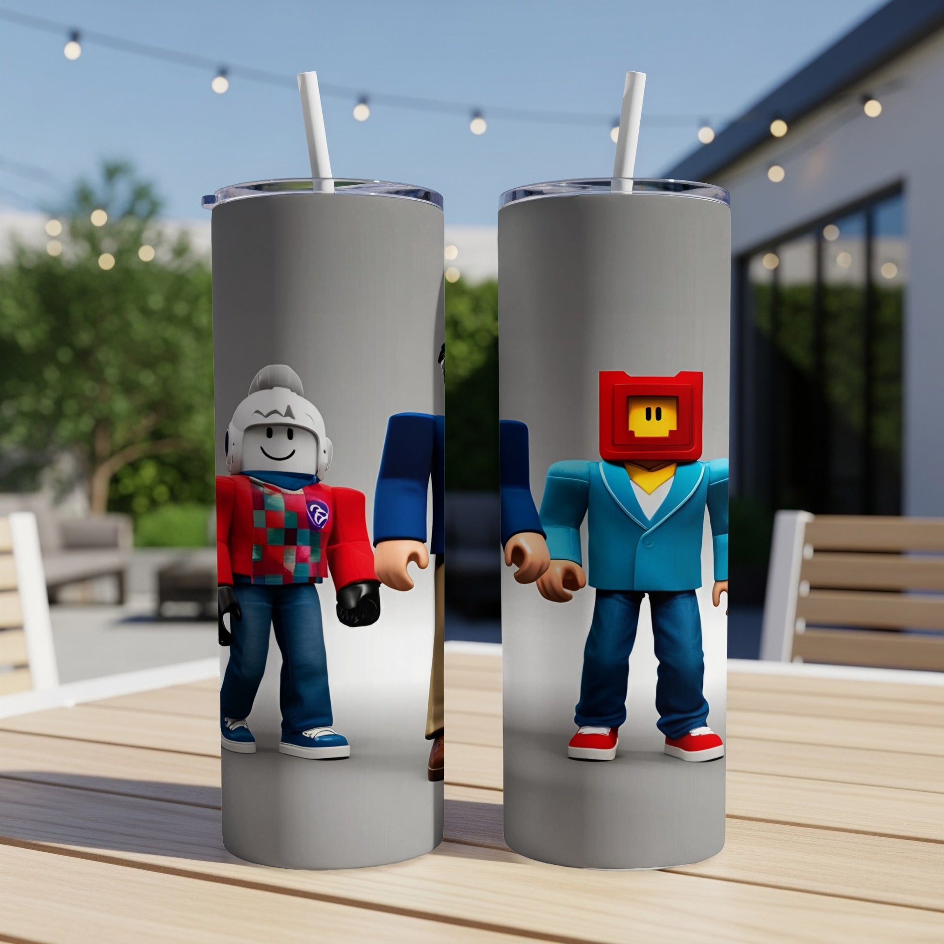 Roblox characters with distinct blocky heads and digital apparel on tumblers.