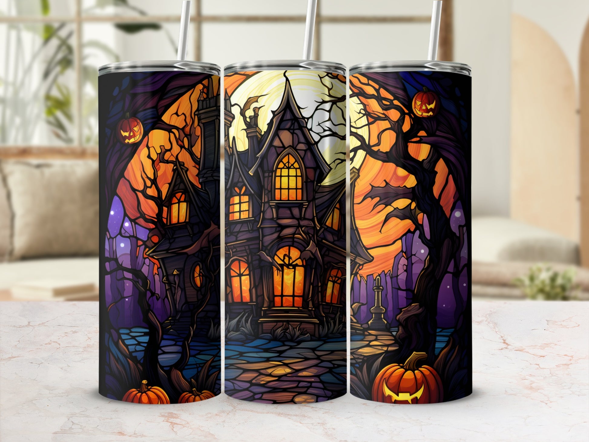 Halloween tumbler with spooky haunted house, pumpkins, and full moon.
