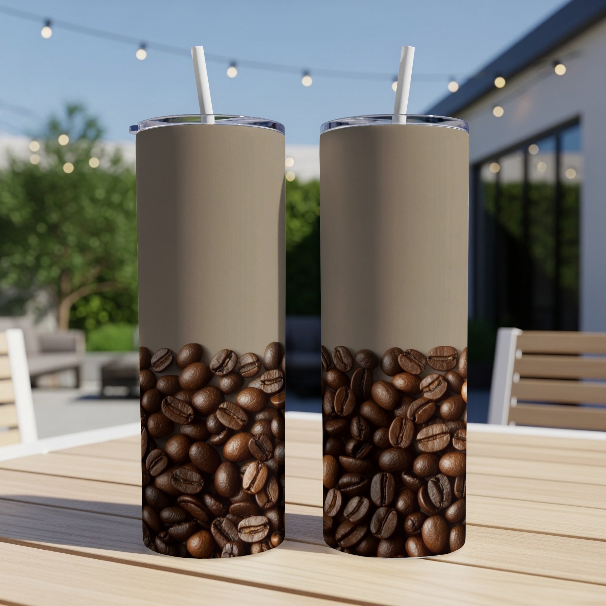 Two tall, slender coffee tumblers with a coffee bean pattern.