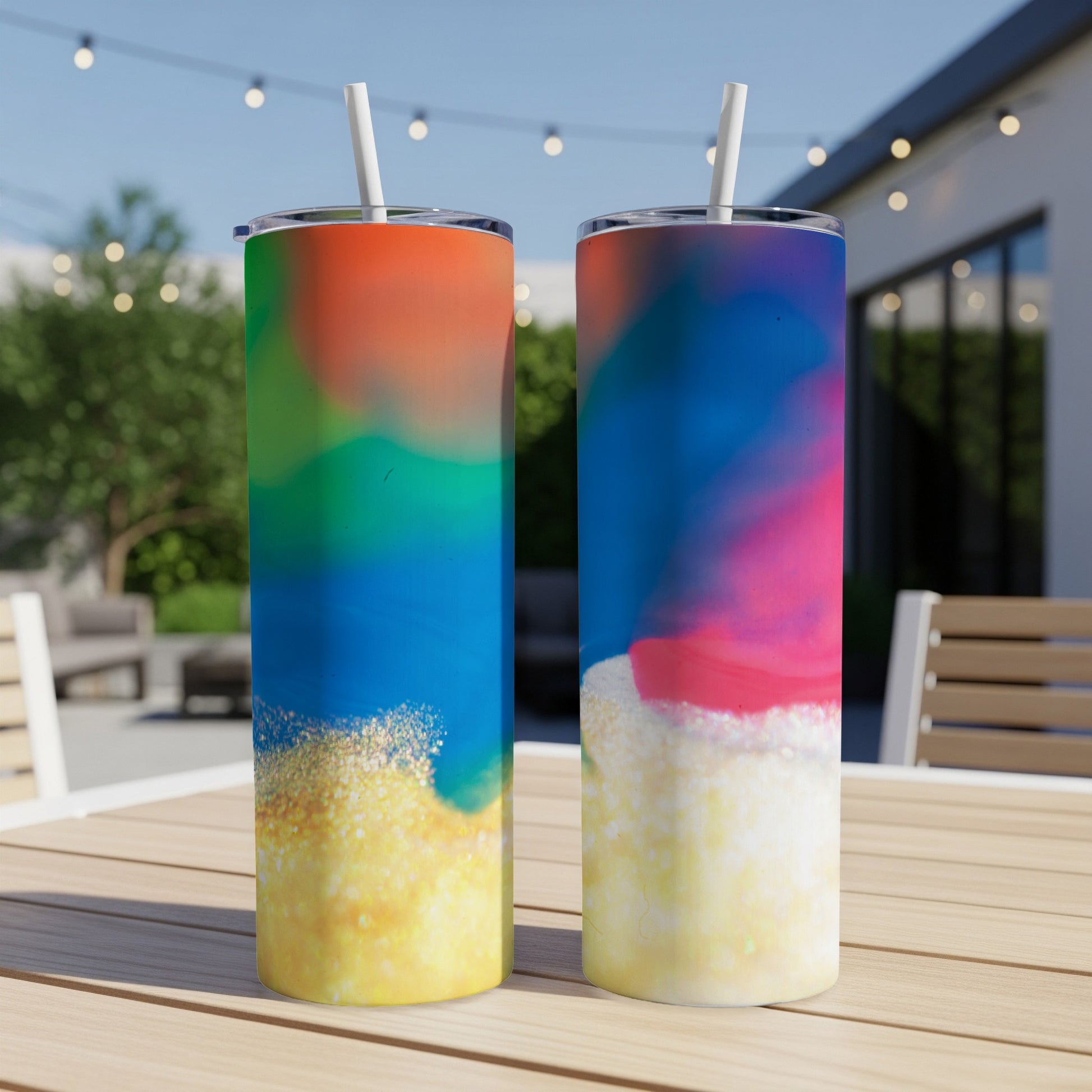 Two colorful abstract tumblers with straws on a wooden table outdoors.