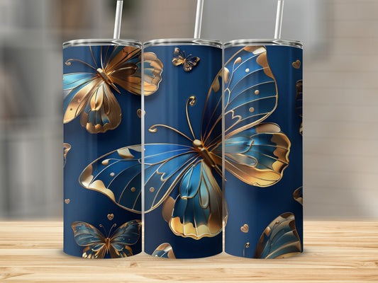 Three tumblers featuring blue and gold butterflies on a dark blue background.