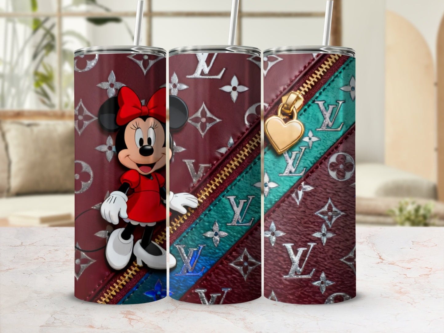 Minnie Mouse with LV monogram and gold heart zipper detail.