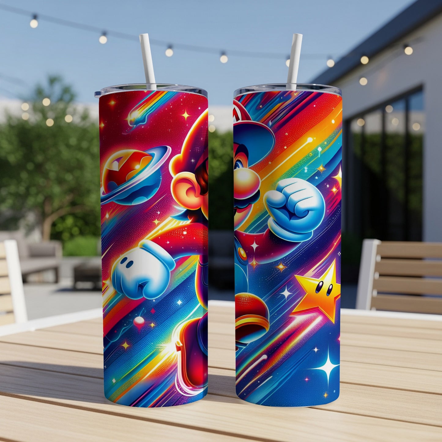 Two Mario tumblers with rainbow galaxy background and stars.