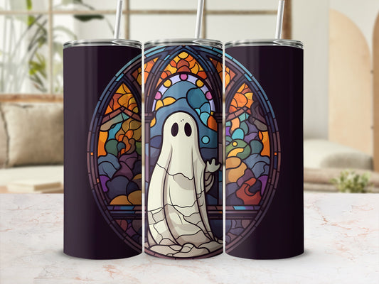 Ghost in stained glass tumbler with straw.