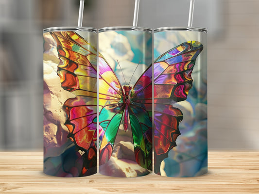 Three tumblers featuring a colorful stained-glass butterfly design.