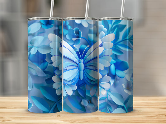 Three blue tumblers with butterfly and floral pattern.