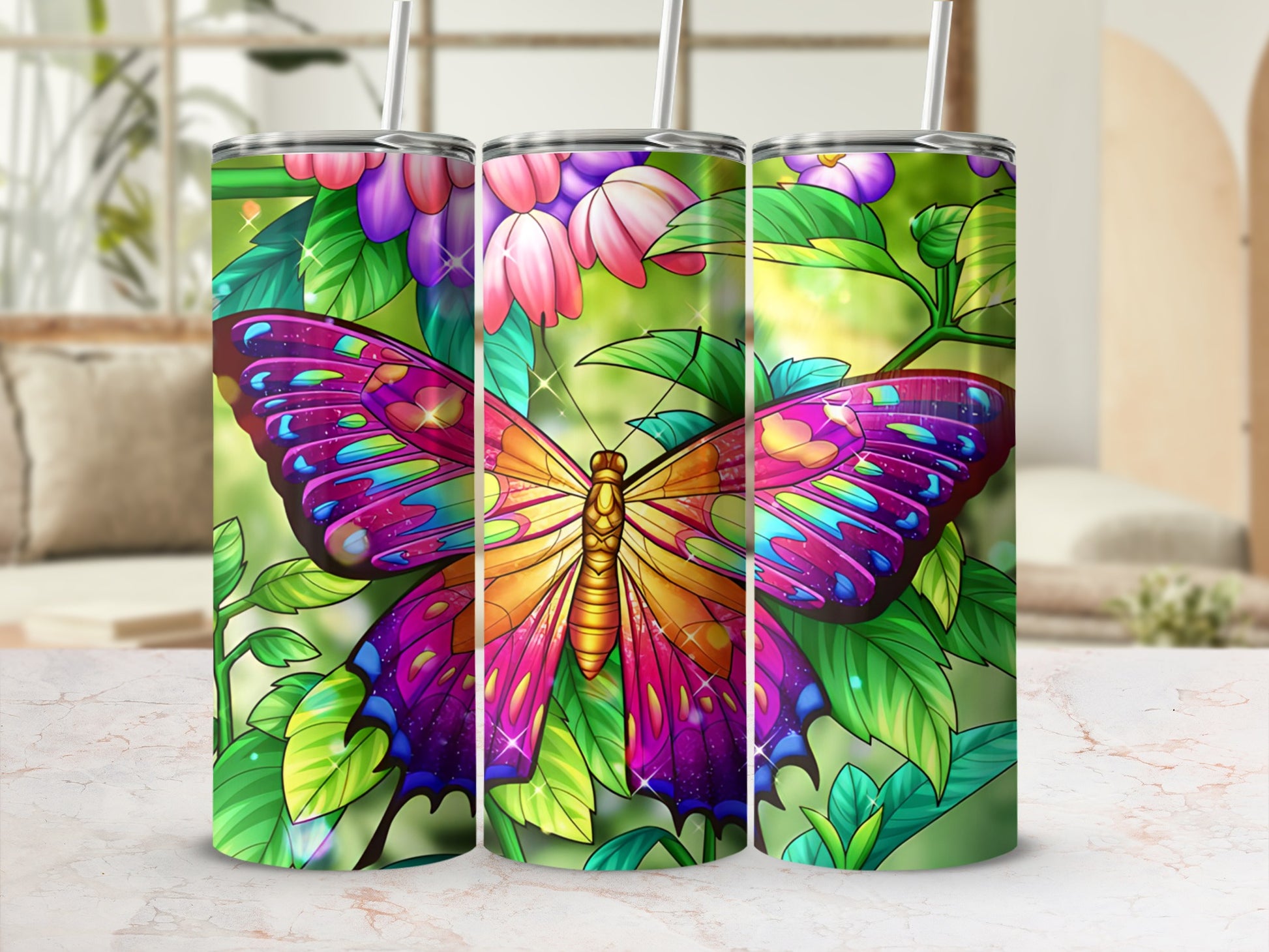 Colorful butterfly and floral pattern on a stainless steel tumbler.