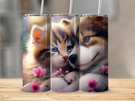 Triptych of a fluffy kitten and a smiling dog embracing among pink flowers.