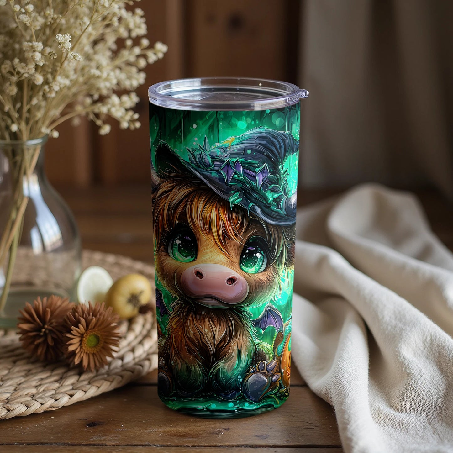Adorable Highland Cow Tumbler with Witch Hat Design