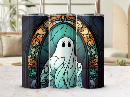 Three tumblers featuring a cartoon ghost and stained-glass window design.