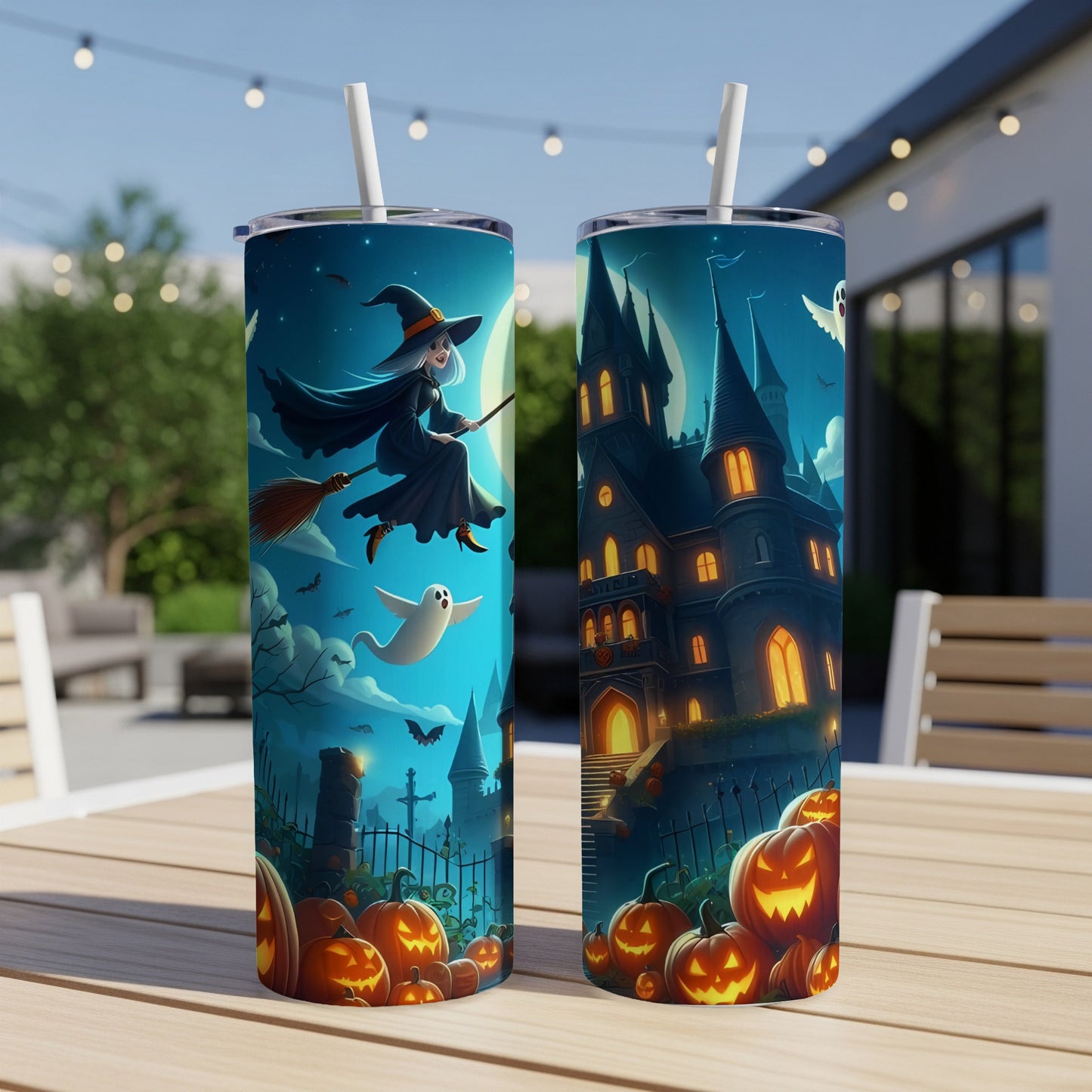 Two tumblers with Halloween art: witch flying, haunted castle, pumpkins, and ghosts.