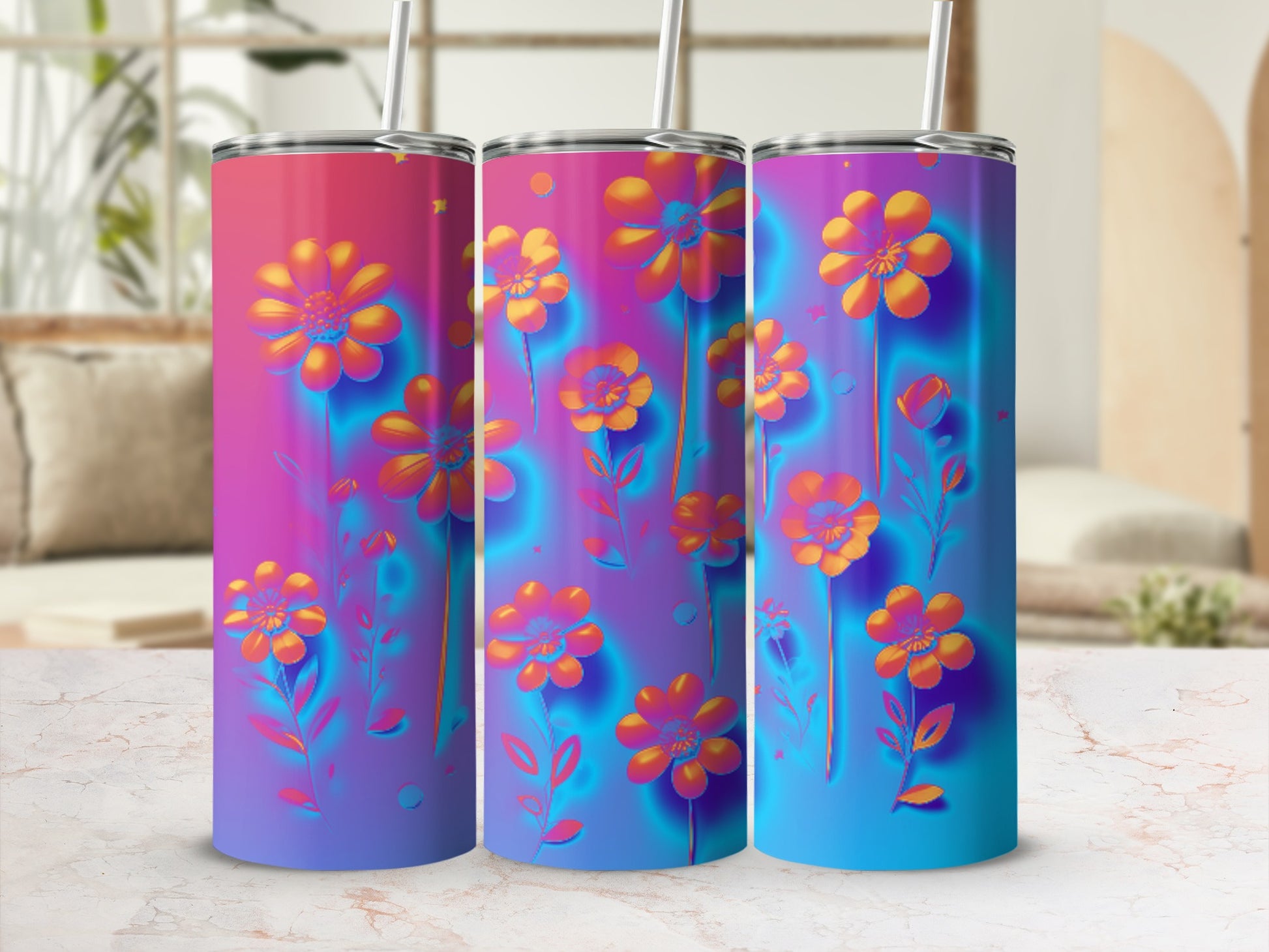 Gradient tumbler with blue and orange floral pattern.