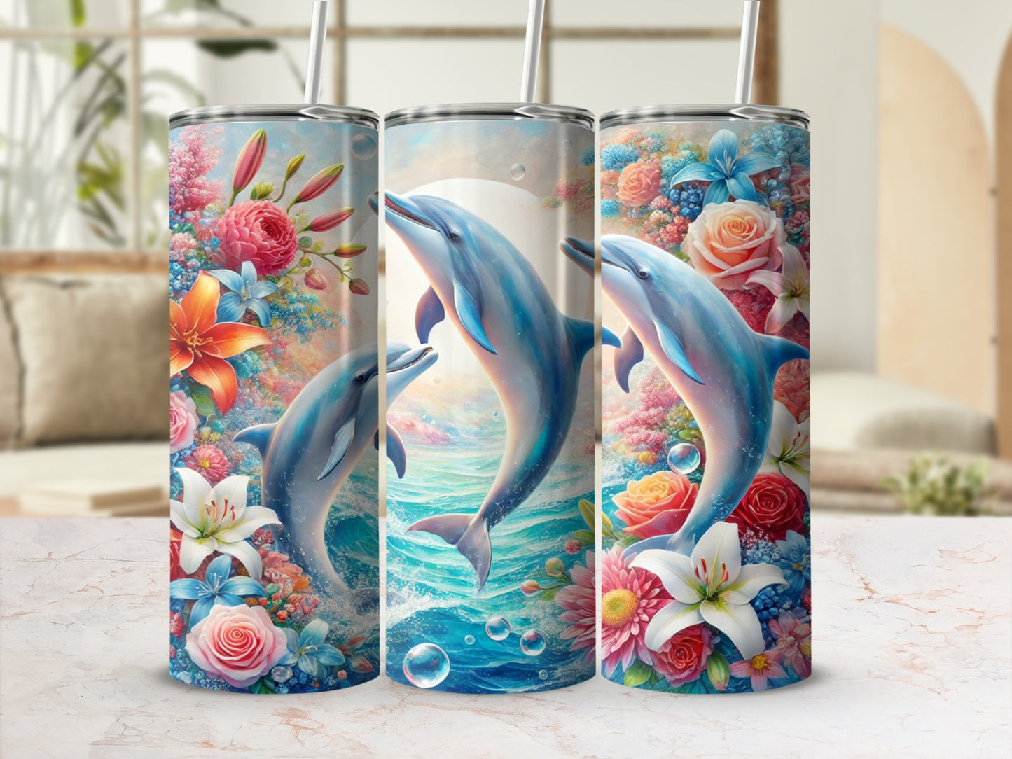Colorful Dolphins and Flowers Art Tumbler