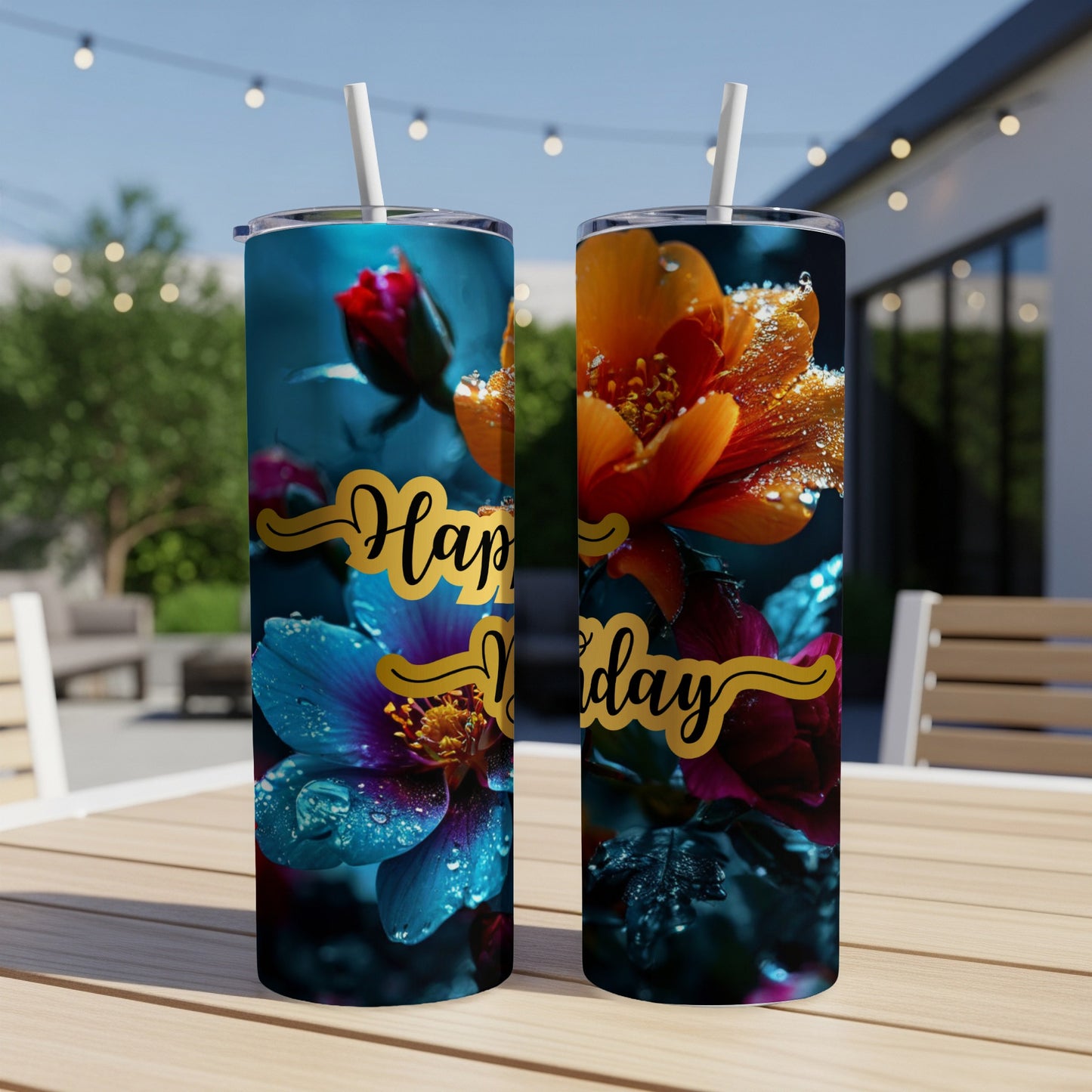 Two tumblers with colorful flowers and "Happy Birthday" text.