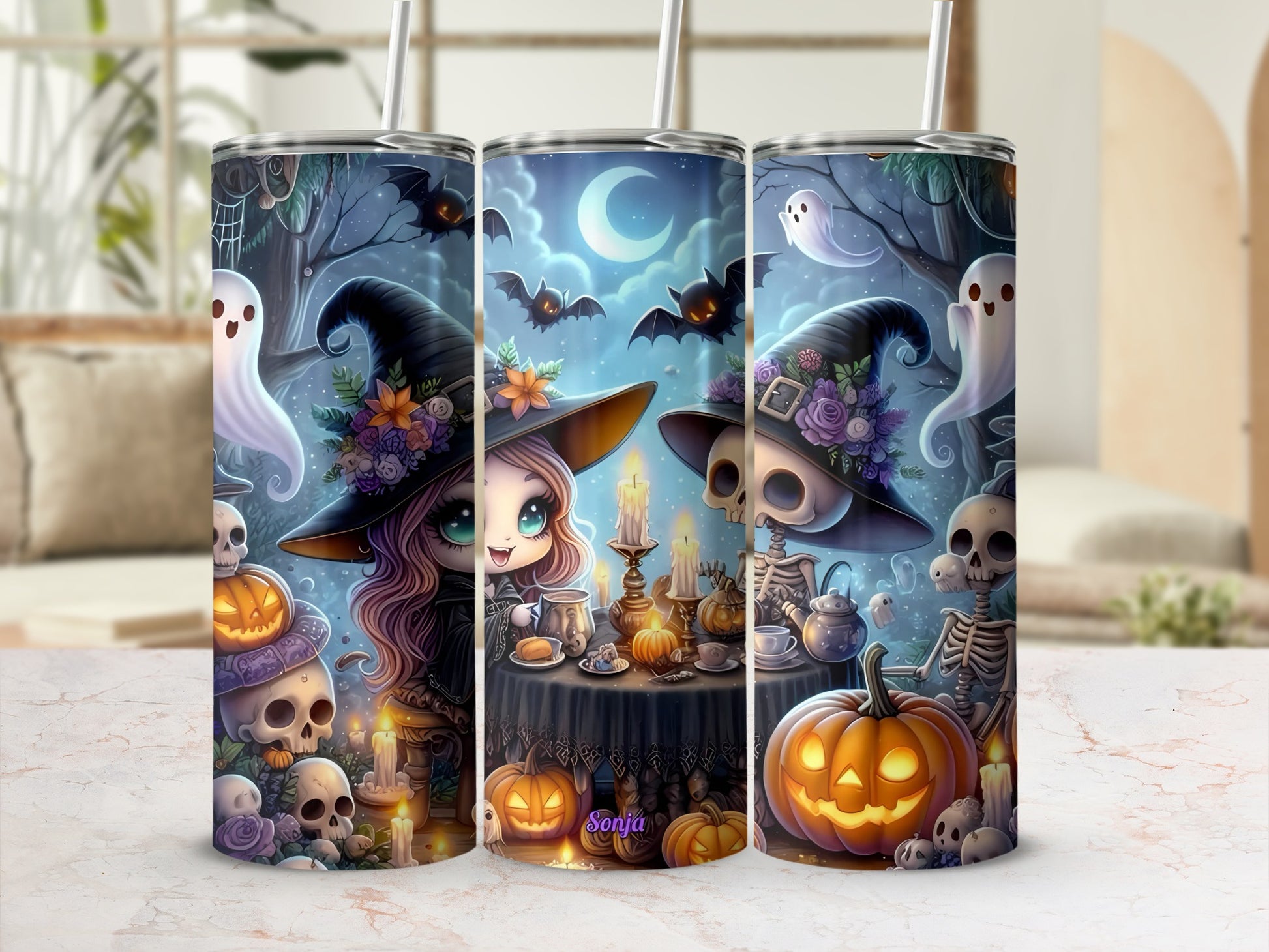 Halloween tumblers with witches, skeletons, ghosts, bats, and pumpkins under a moonlit sky.