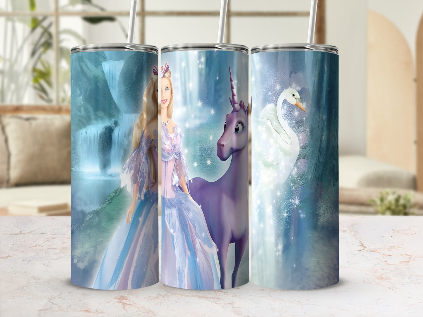 Barbie with unicorn and swan in magical fantasy landscape.