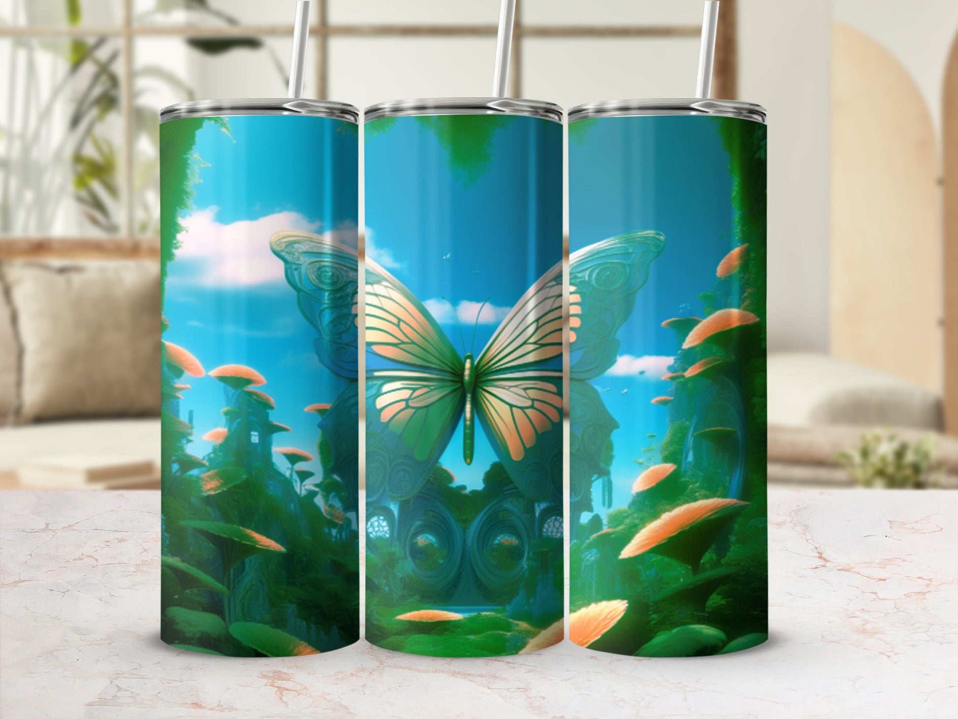 Collage of three tumblers featuring a large green butterfly and fantastical overgrown landscape.