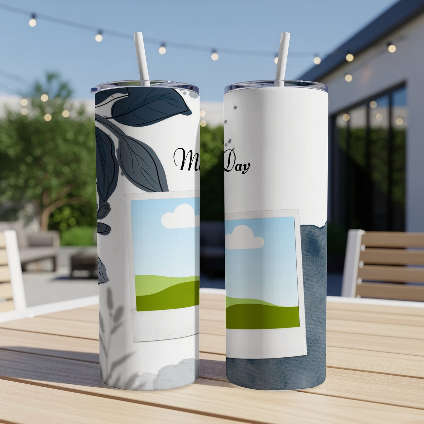 Two tumblers with floral and scenic designs, one reading "My Day".