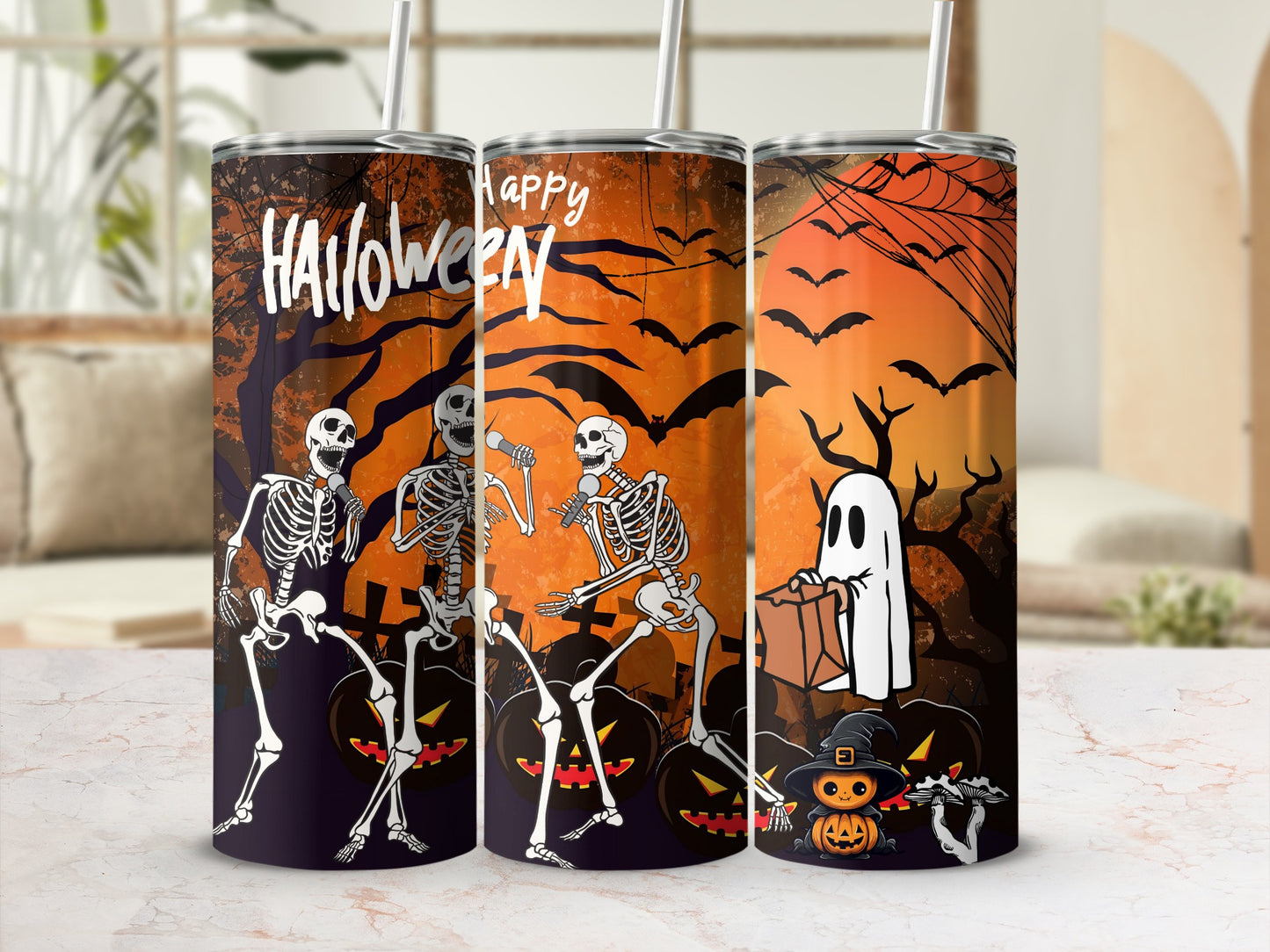 Halloween tumblers with skeletons, pumpkins, a ghost, and bats.