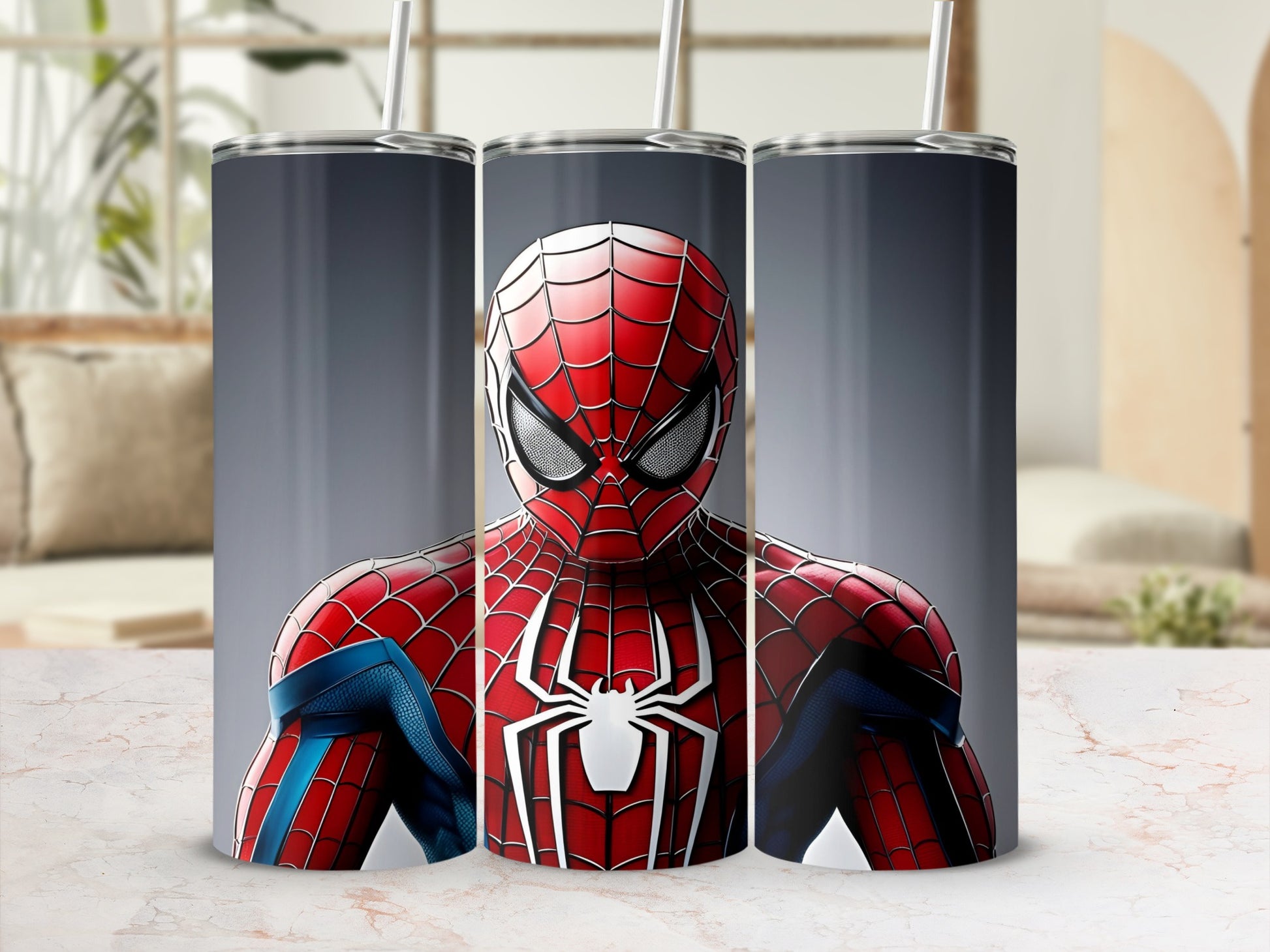Spiderman tumbler with a close-up of his mask and chest.