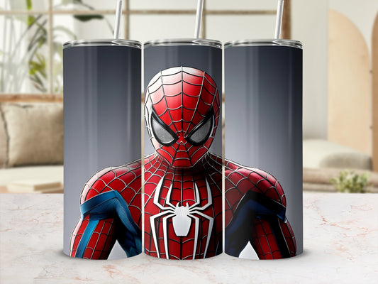 Spiderman tumbler with a close-up of his mask and chest.